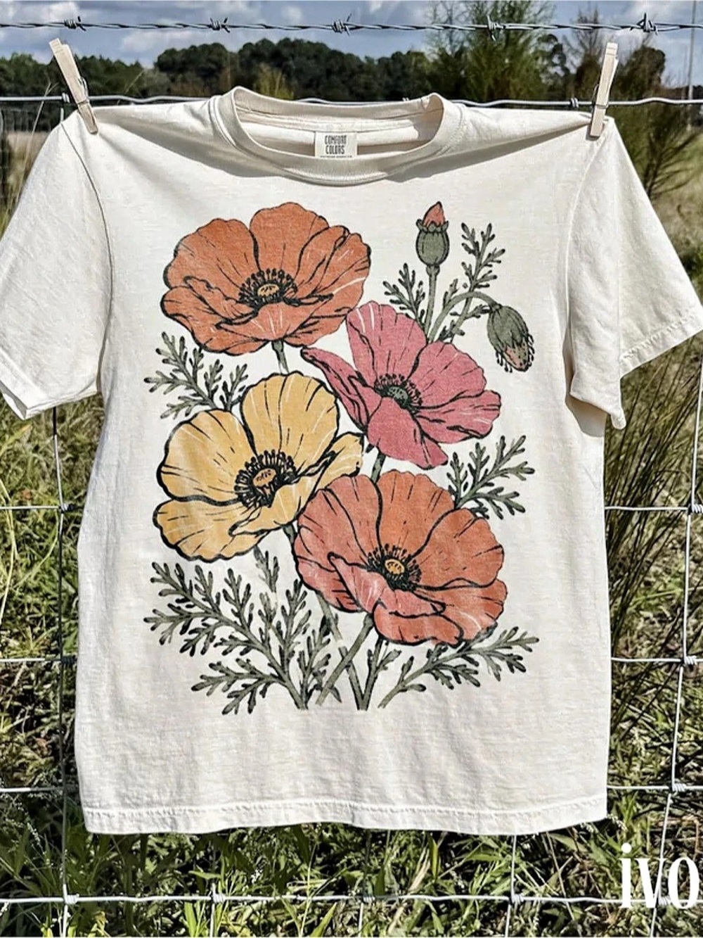 Comfort Colors Floral Short Sleeve Tee in White & Orange, Gift For Her